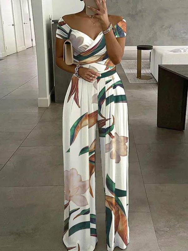 Off-shoulder Printed High-waist Jumpsuit