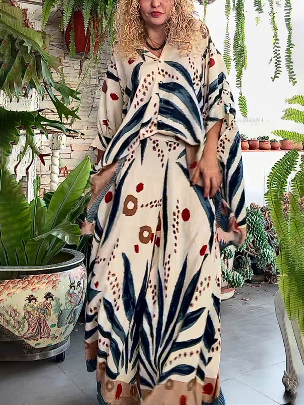 Unique Drop Shoulder Sleeve Printed Loose Oversized Button-Up Shirt