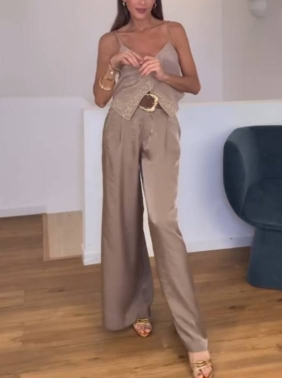 Holiday Style Camisole And Wide Leg Pants Set-Camisole