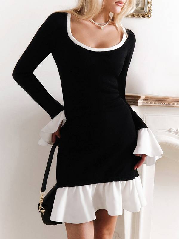 Square Collar Bow Lace-Up Ruffle-Sleeve Dress