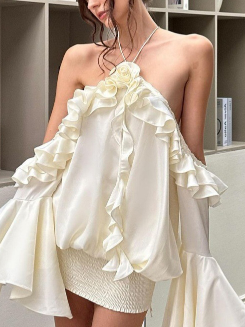 Off-the-shoulder Ruffled Horn Sleeve Dress