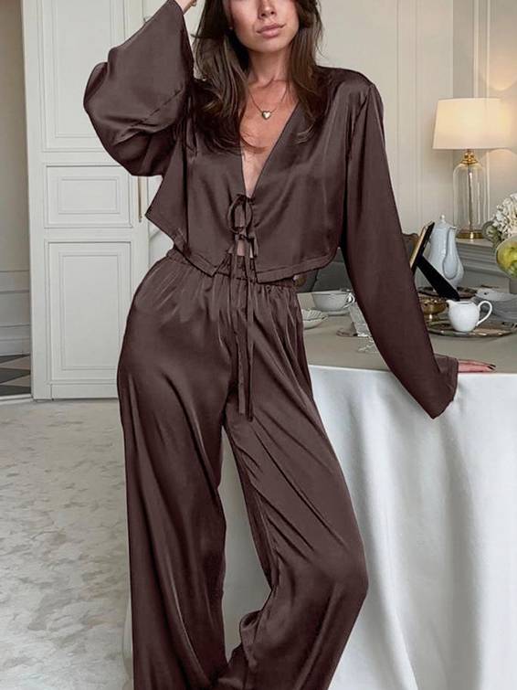 Lace-Up Cardigan Long-sleeved pants Homewear Two-piece Set