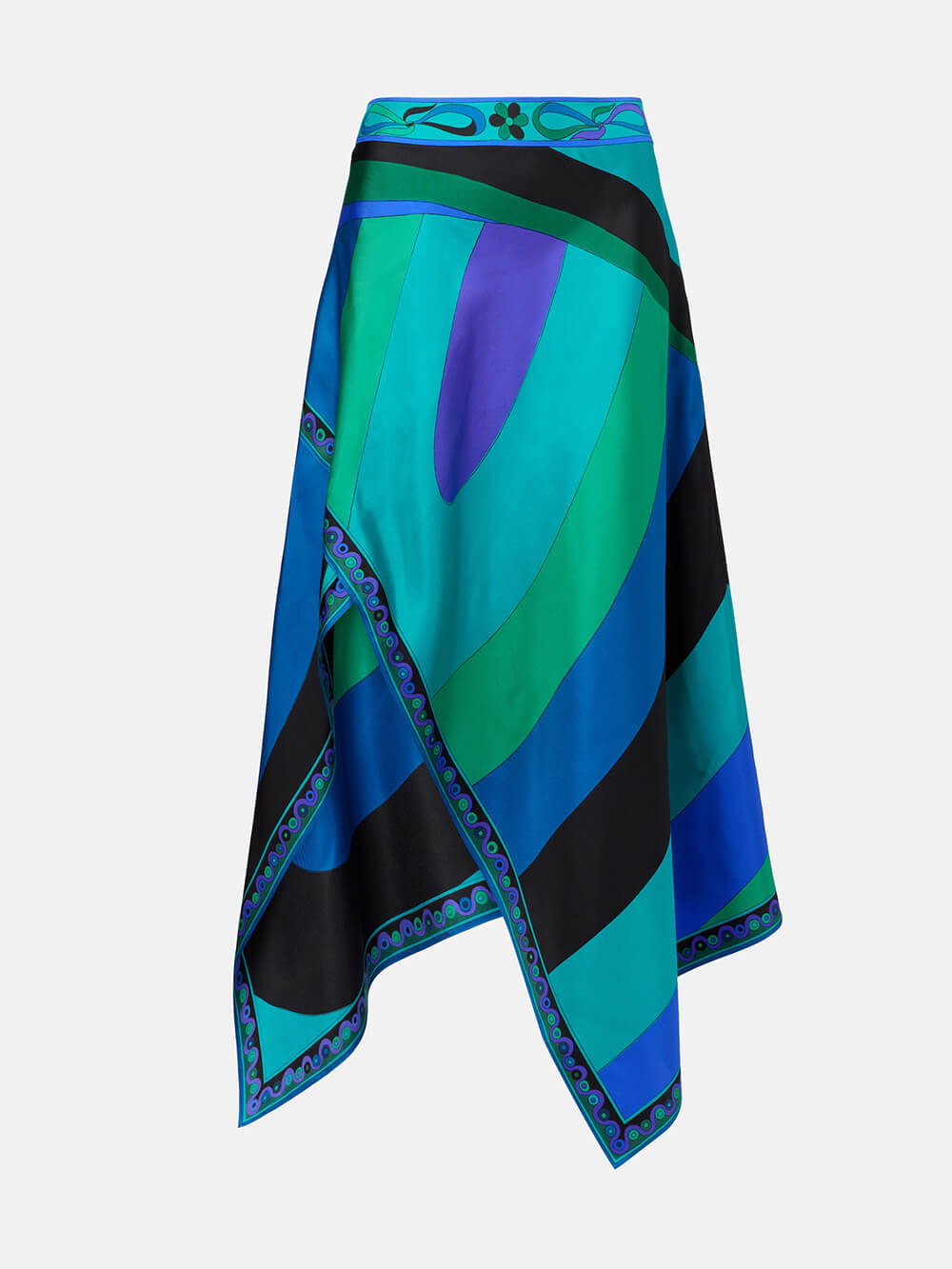 Retro Ssymmetric Satin Print Midi Skirt