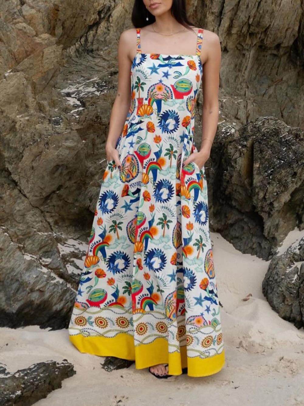 Unique Midsummer Mermaid Paradise Printed Strappy Maxi Dress