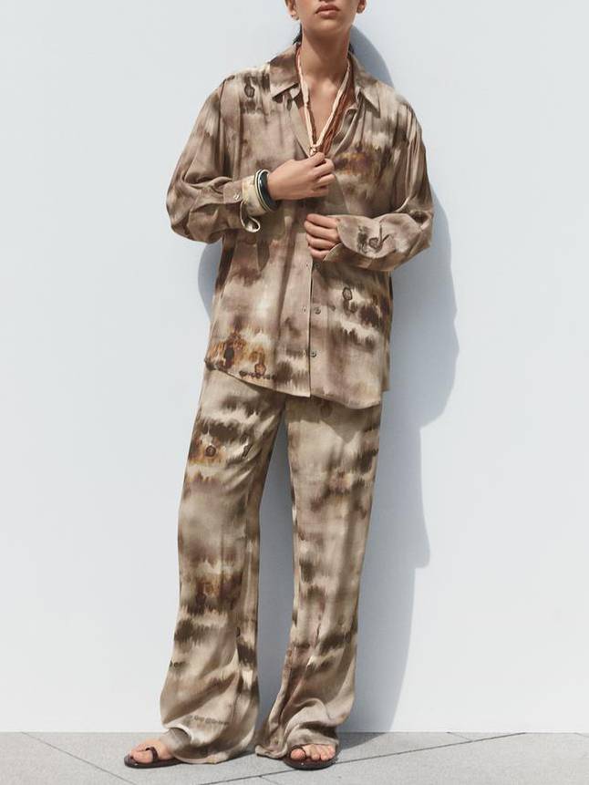 Unique Print Shirt And Wide Leg Pants Suit-Pants