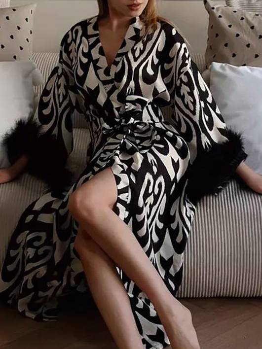 Printed Lace-Up Long Nightgown  Homewear