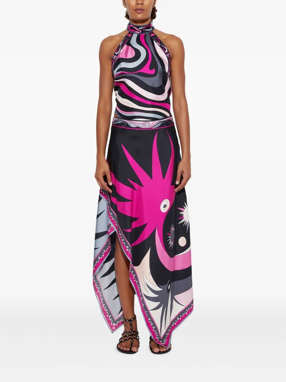 Unique Printed Halter Top And Skirt Suit
