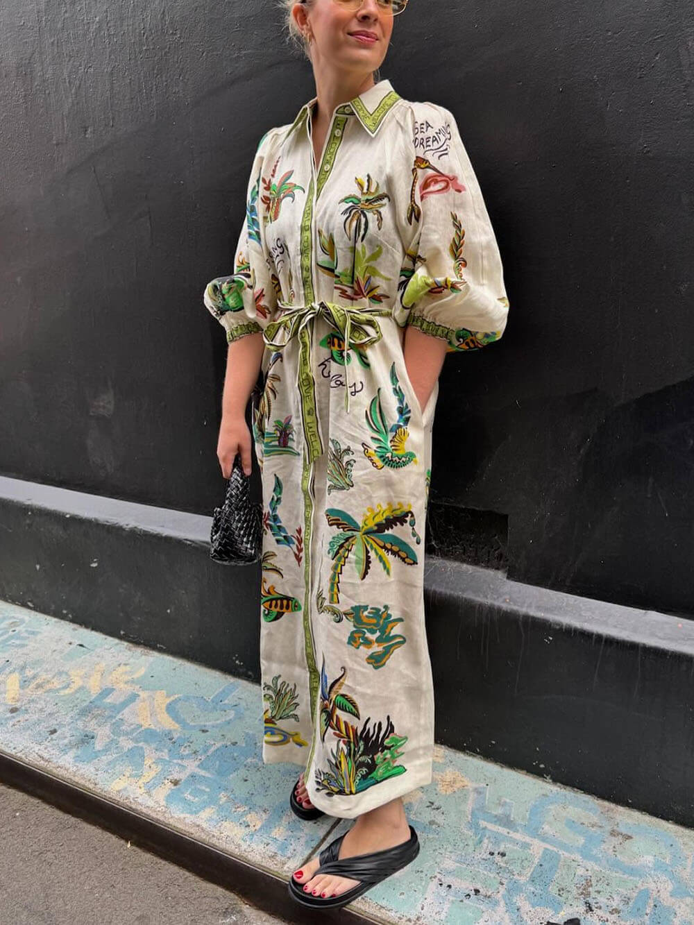 Unique Coconut Tree Print Day Dream Linen Shirtdress