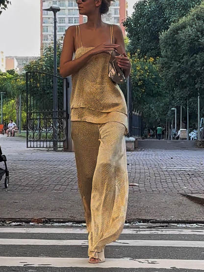 Unique Artistic Print Flow Satin Elastic Waist Wide-Leg Pants