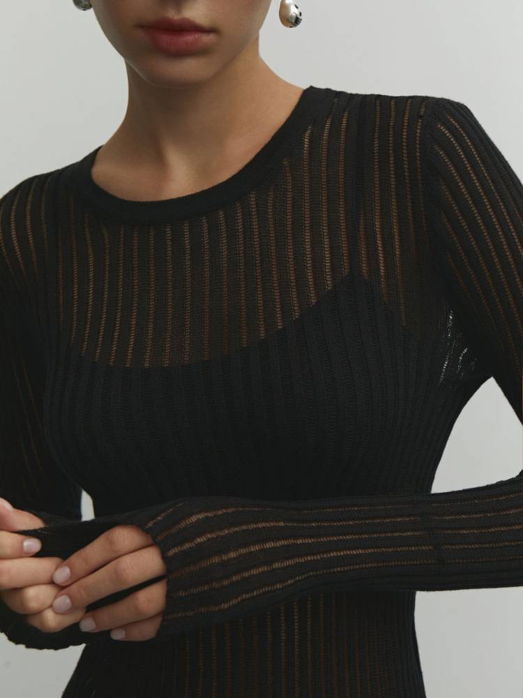 See-through Slim-fit Crewneck Long-Sleeved Thin Sweater