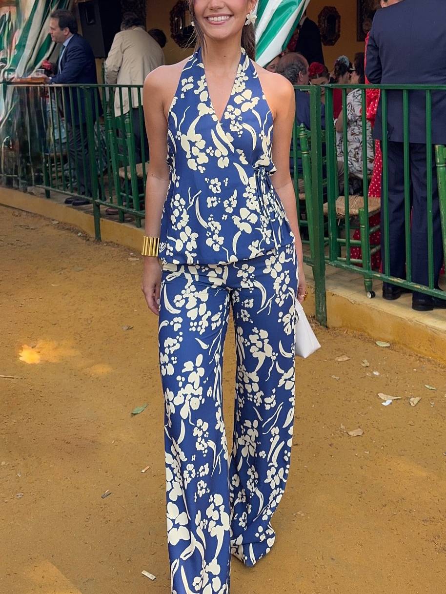 Printed Lace-Up Vest And Pants Suit-Vest