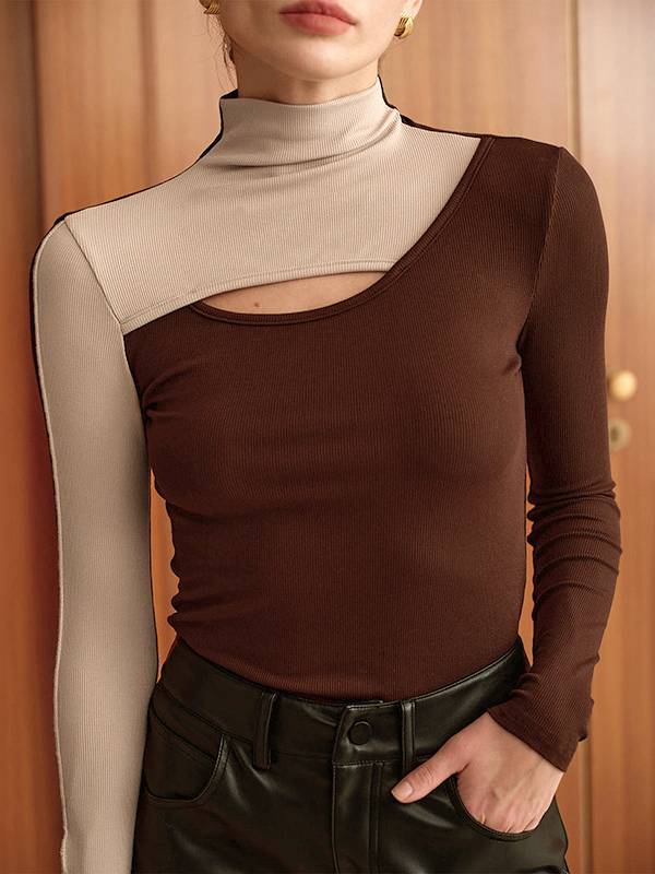 Contrast Color Half Turtleneck Hollow T-shirt