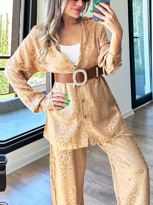 Leopard Print Loose Shirt Wide Leg Pants Casual Suit