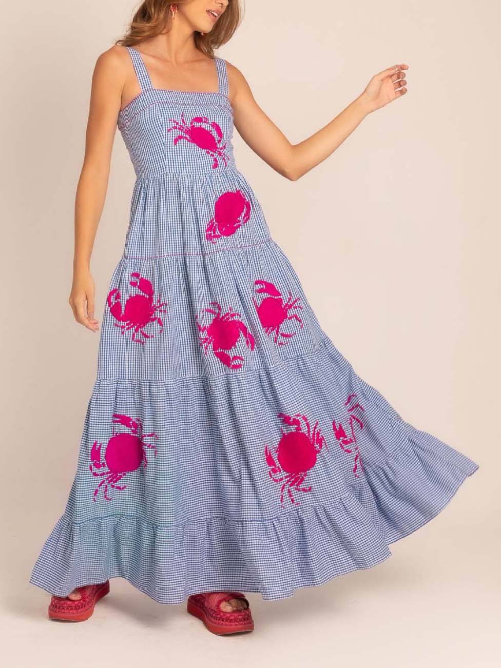 Holiday Embroidered Crab Pattern Swing Maxi Dress