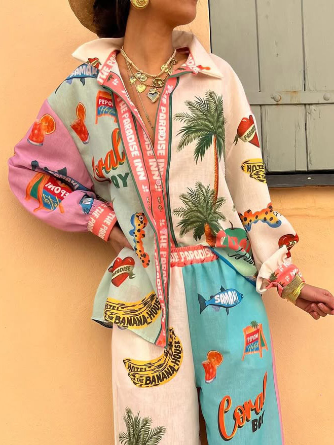 Unique Resort Island Print Long-sleeved Shirt