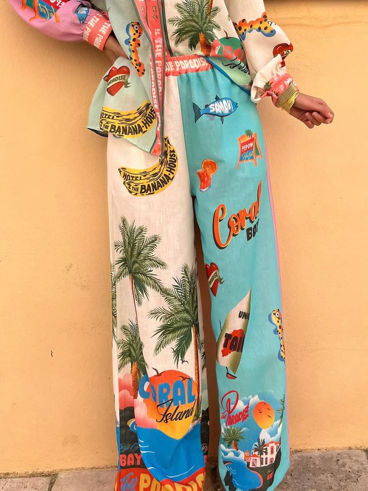 Unique Resort Island Print Elastic Waist Wide-leg Pants
