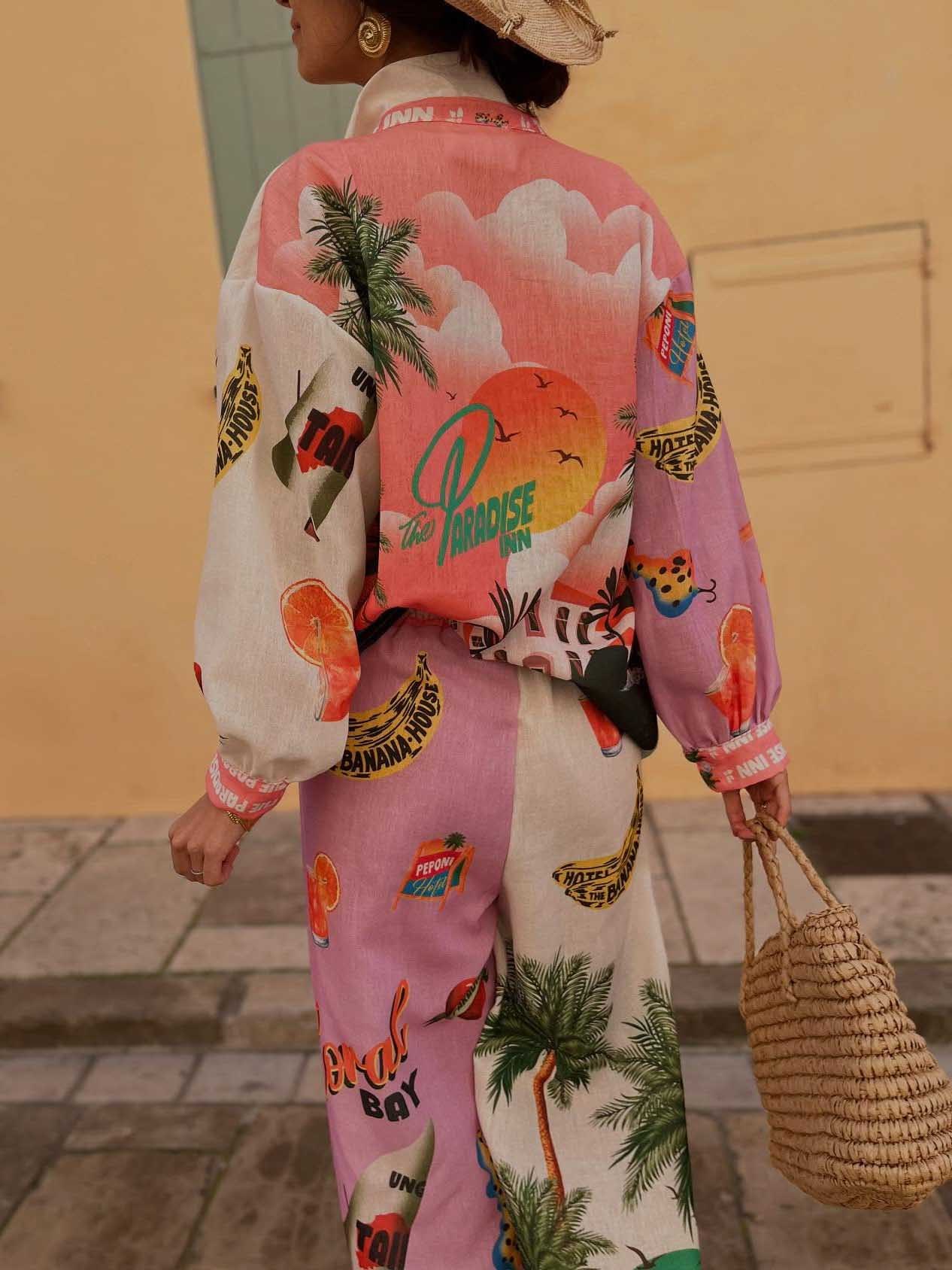 Unique Resort Island Print Long-sleeved Shirt