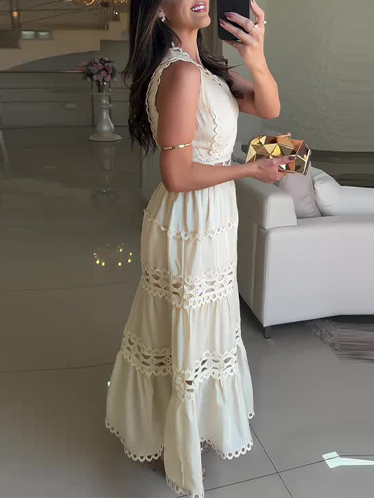 Vintage Sleeveless Lace Embroidered Hollow Maxi Dress