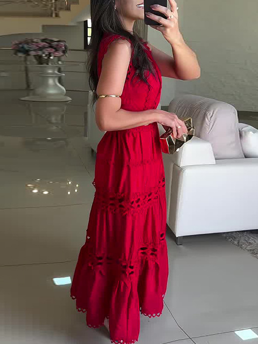 Vintage Sleeveless Lace Embroidered Hollow Maxi Dress