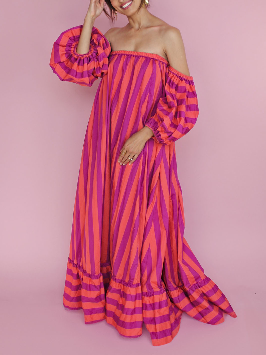 Stunning Unique Stripe Print Puff Sleeve Maxi Dress