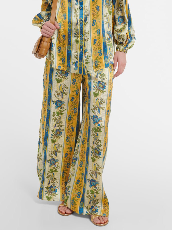 Unique Satin Floral Stripe Print Wide-leg Pants