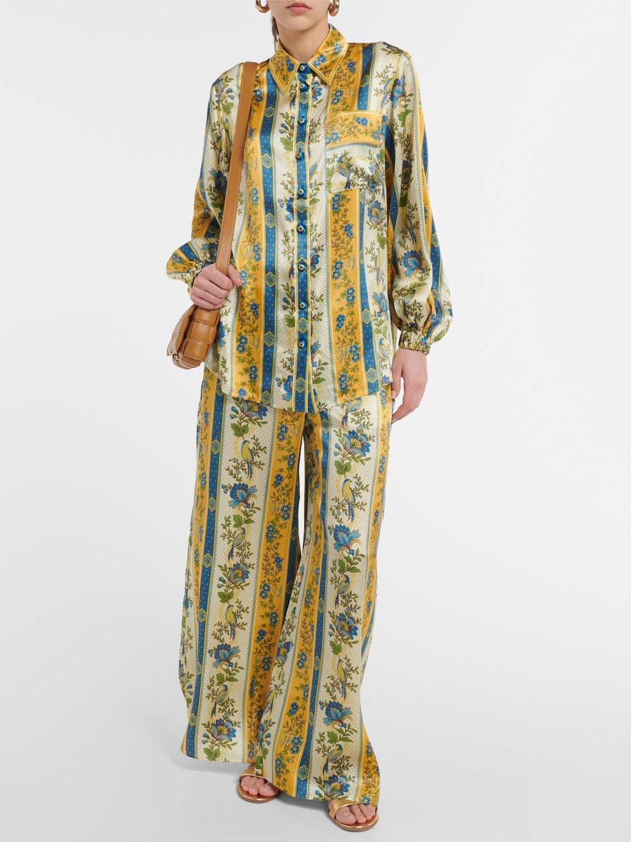 Unique Satin Floral Stripe Print Loose Shirt