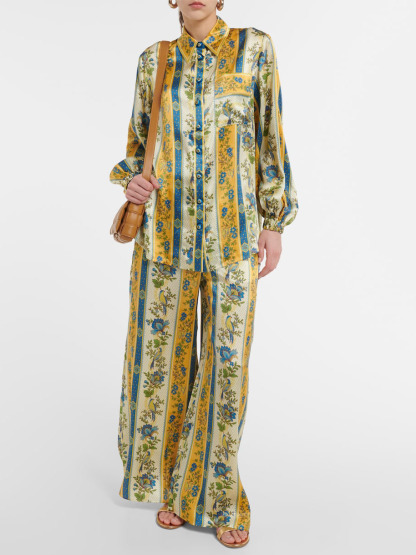 Unique Satin Floral Stripe Print Loose Shirt