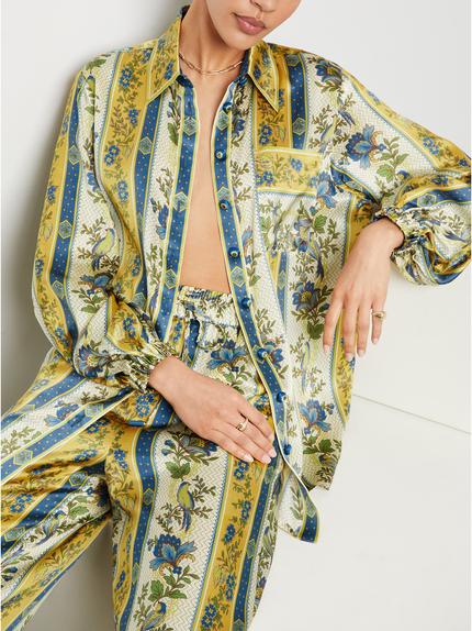 Unique Satin Floral Stripe Print Loose Shirt