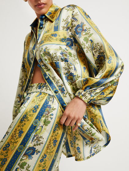 Unique Satin Floral Stripe Print Loose Shirt