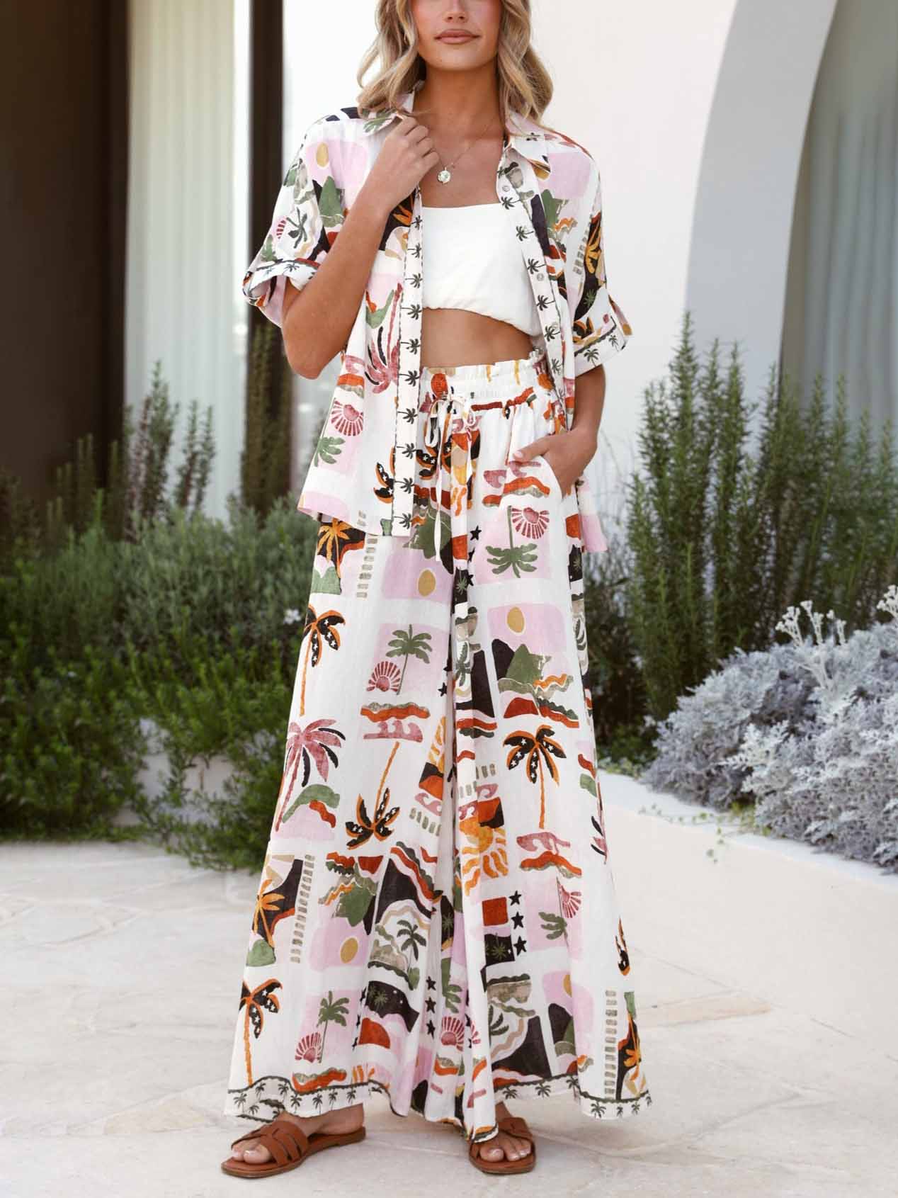 Casual Vacation Desert Palm Print Wide-leg Pants