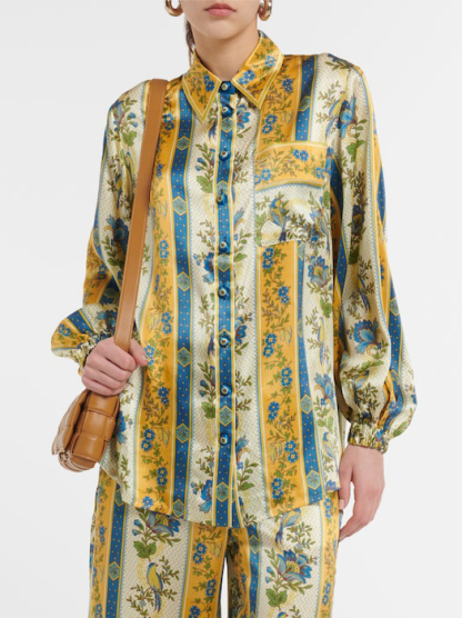 Unique Satin Floral Stripe Print Loose Shirt