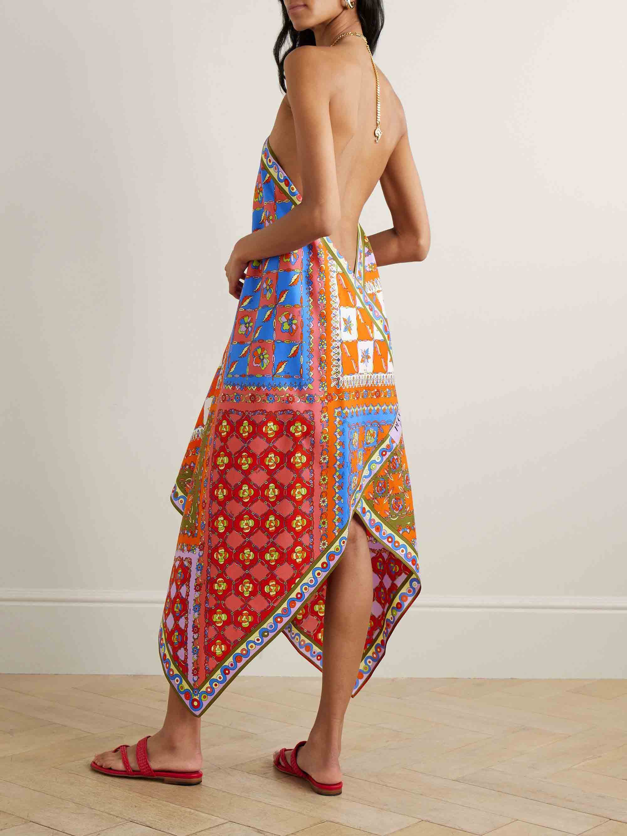 Unique Asymmetric Print Halter Neck Midi Dress