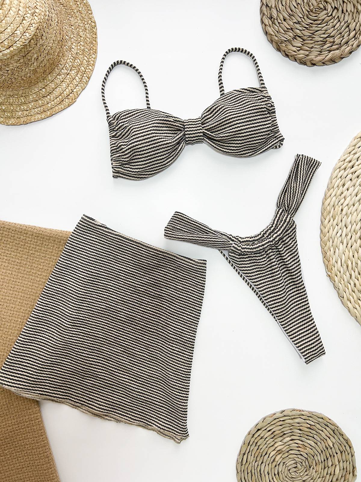 Striped Bikini Overskirt Three-piece Set