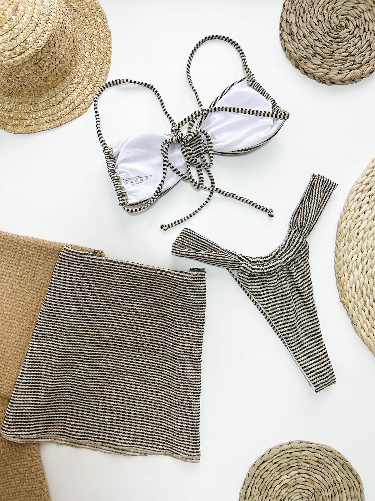 Striped Bikini Overskirt Three-piece Set