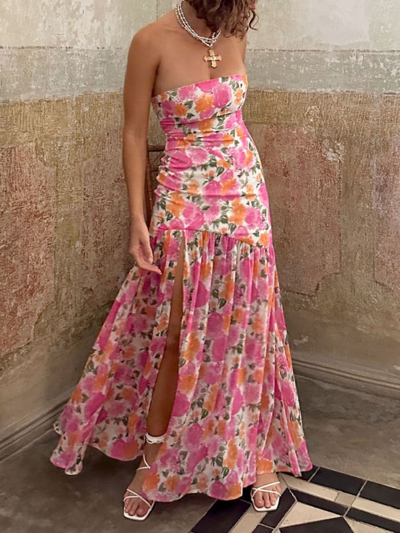 Romantic Strapless Floral Slit Maxi Dress