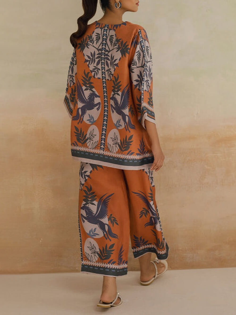 Retro Modern Floral Print Contrasting Stitching Elastic Waist Wide-Leg Pants