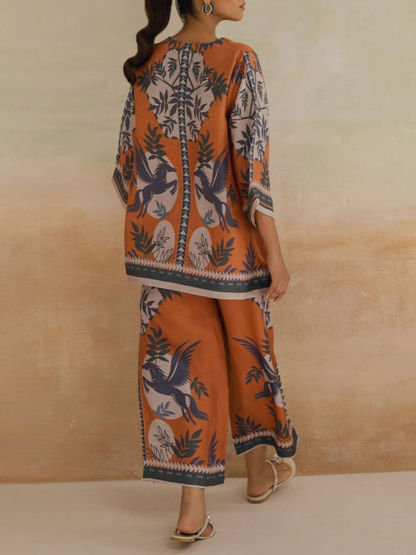 Retro Modern Floral Print Contrasting Stitching Elastic Waist Wide-Leg Pants