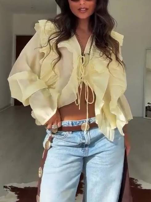 Bohemian Style Ruffled Lace-Up Shirt