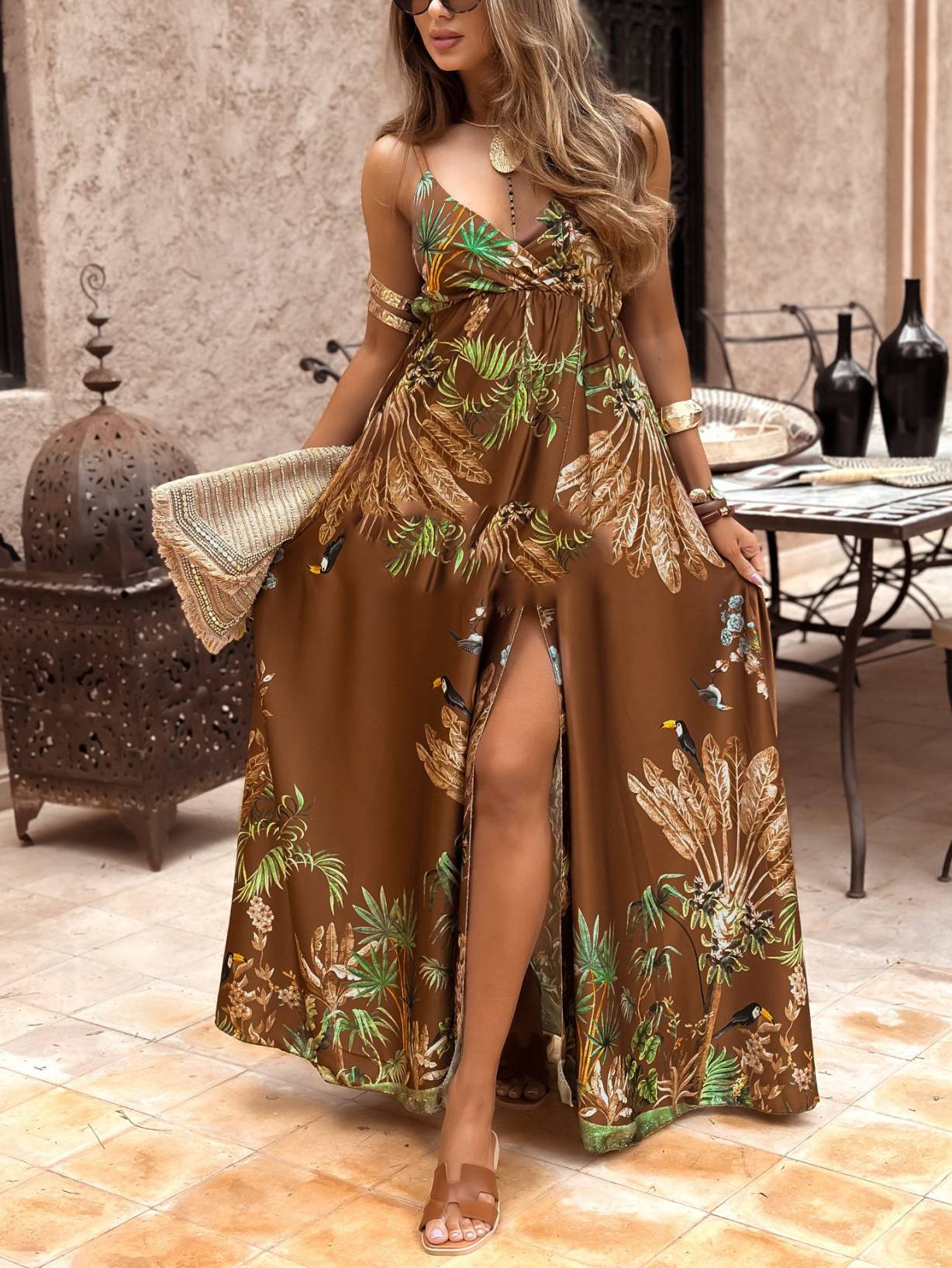 Unique Printed Slit Sling Dress
