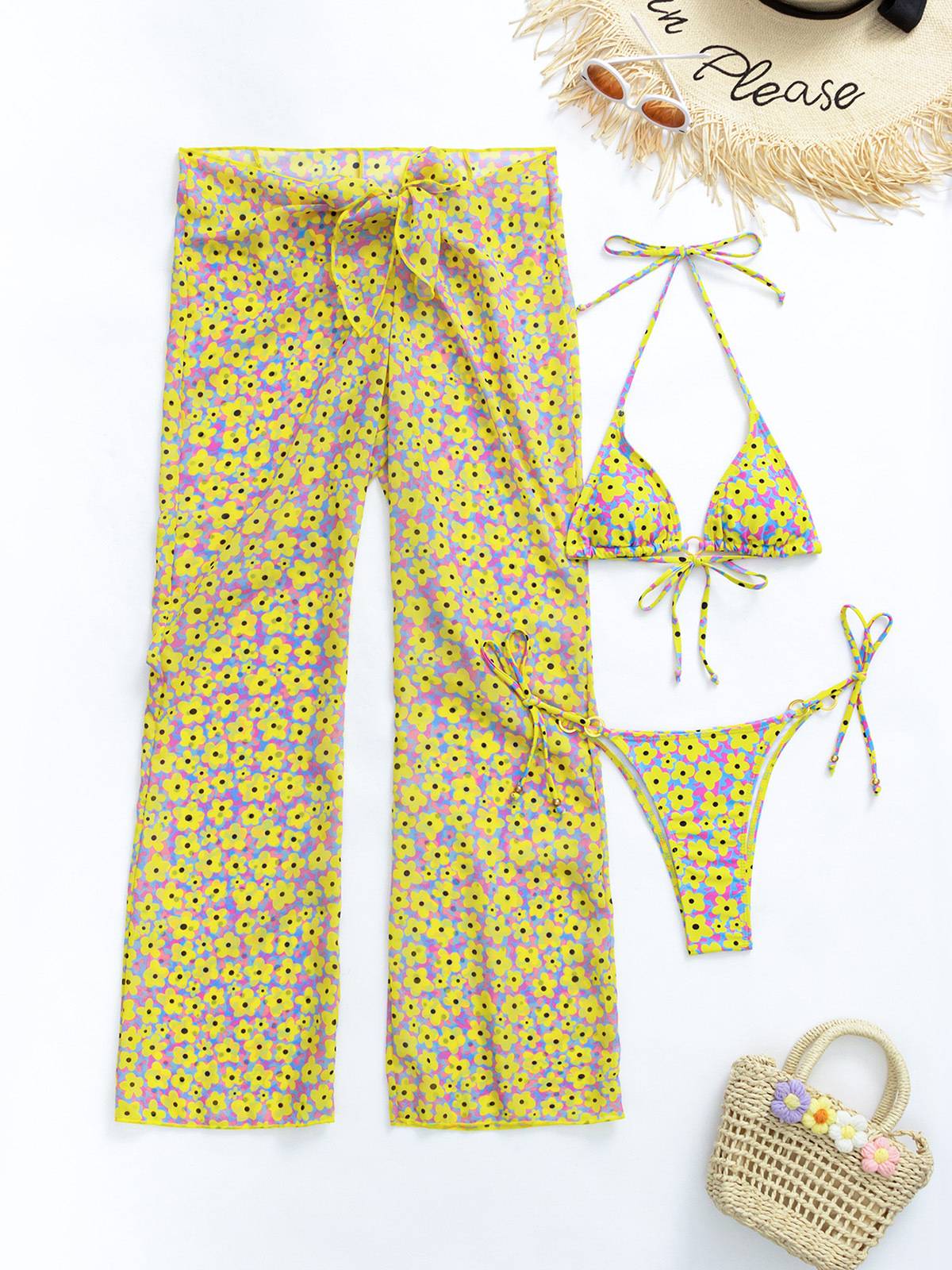 Printed Bikini Pants Three-piece Set