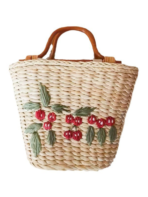 Vintage Rattan Handle Embroidered Bucket-shaped Straw Bag