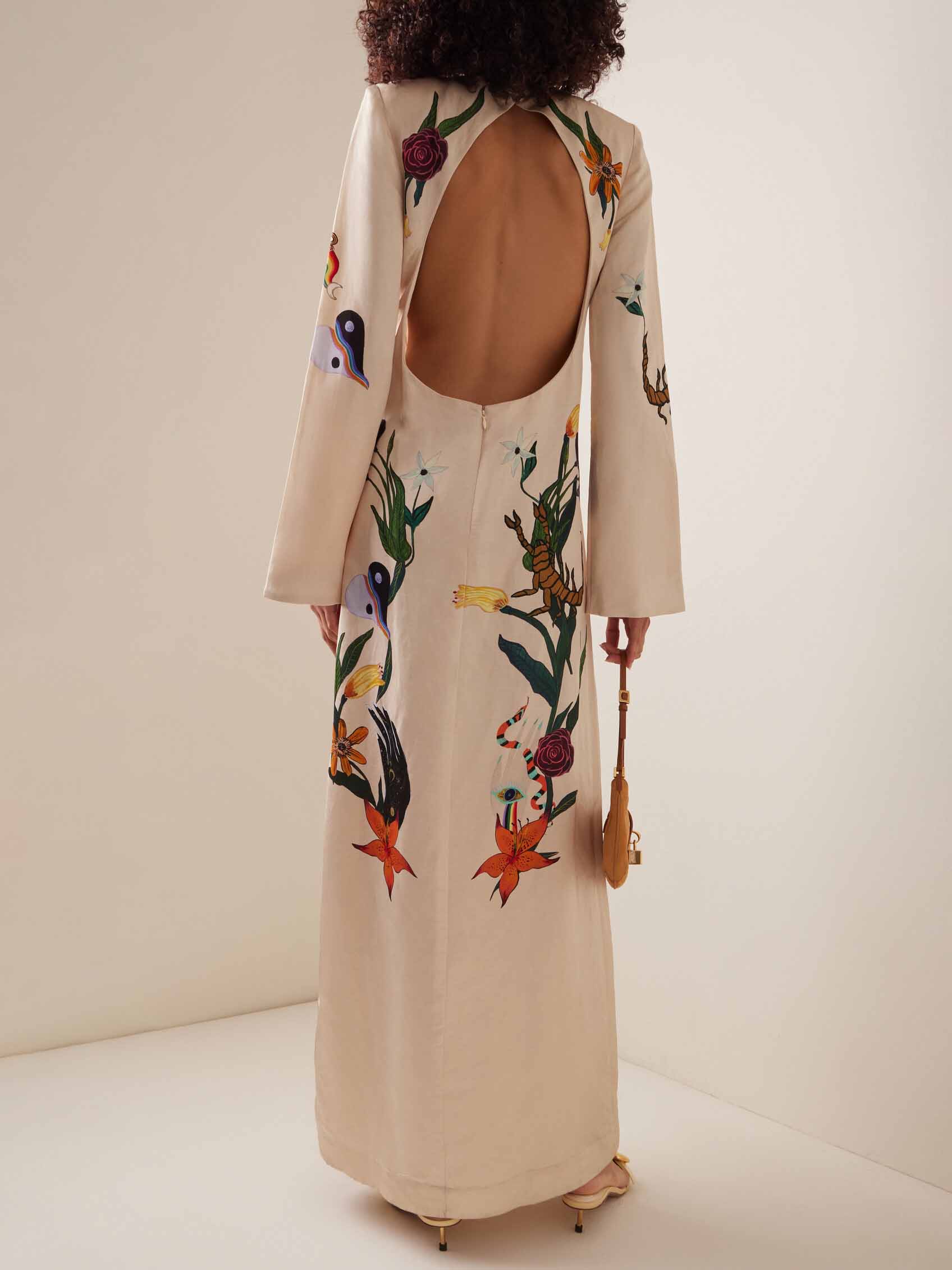 Modern Unique Floral Print Satin Slit Maxi Dress