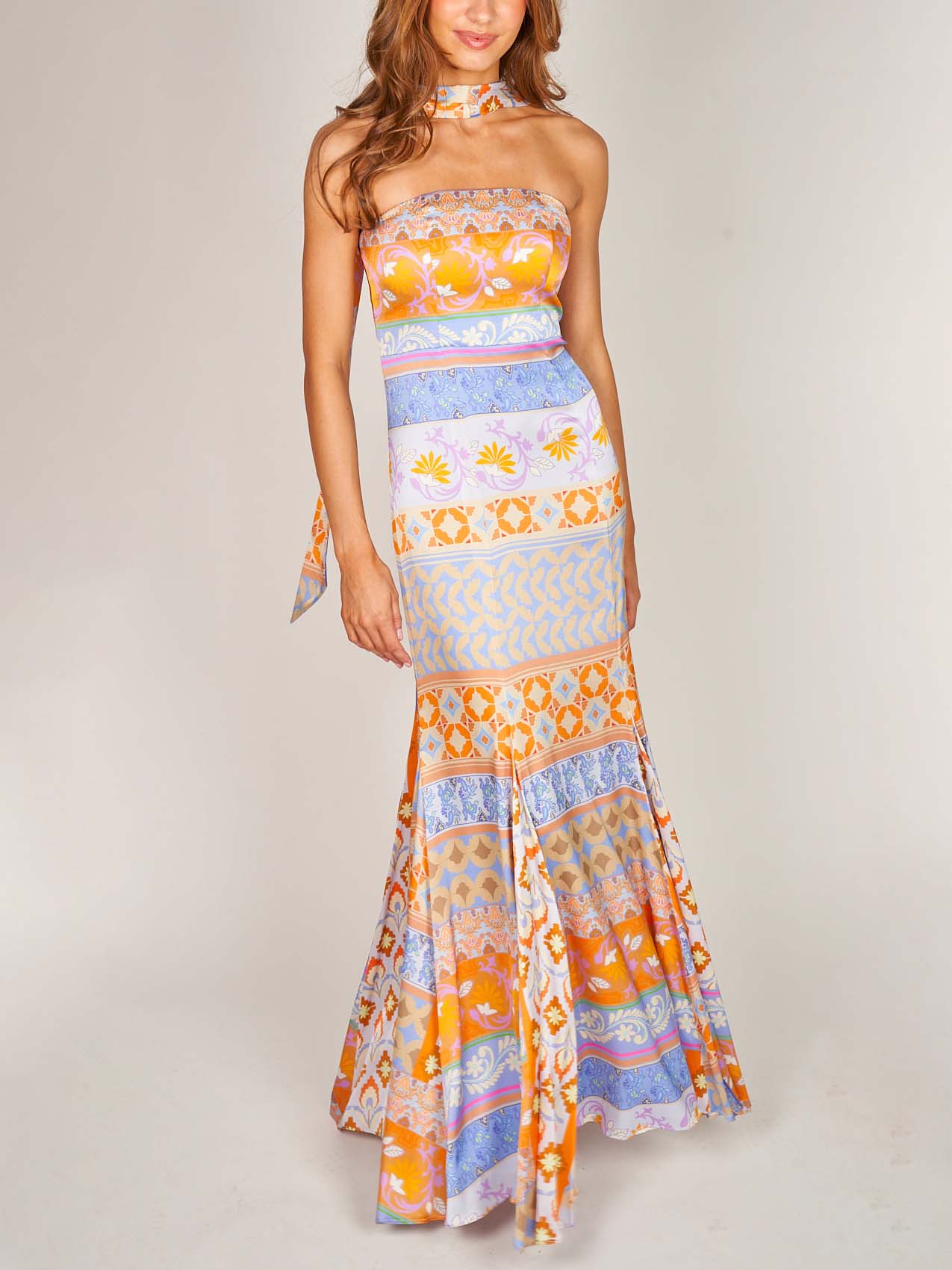 Unique Satin Kaleidoscope Floral Print Maxi Dress