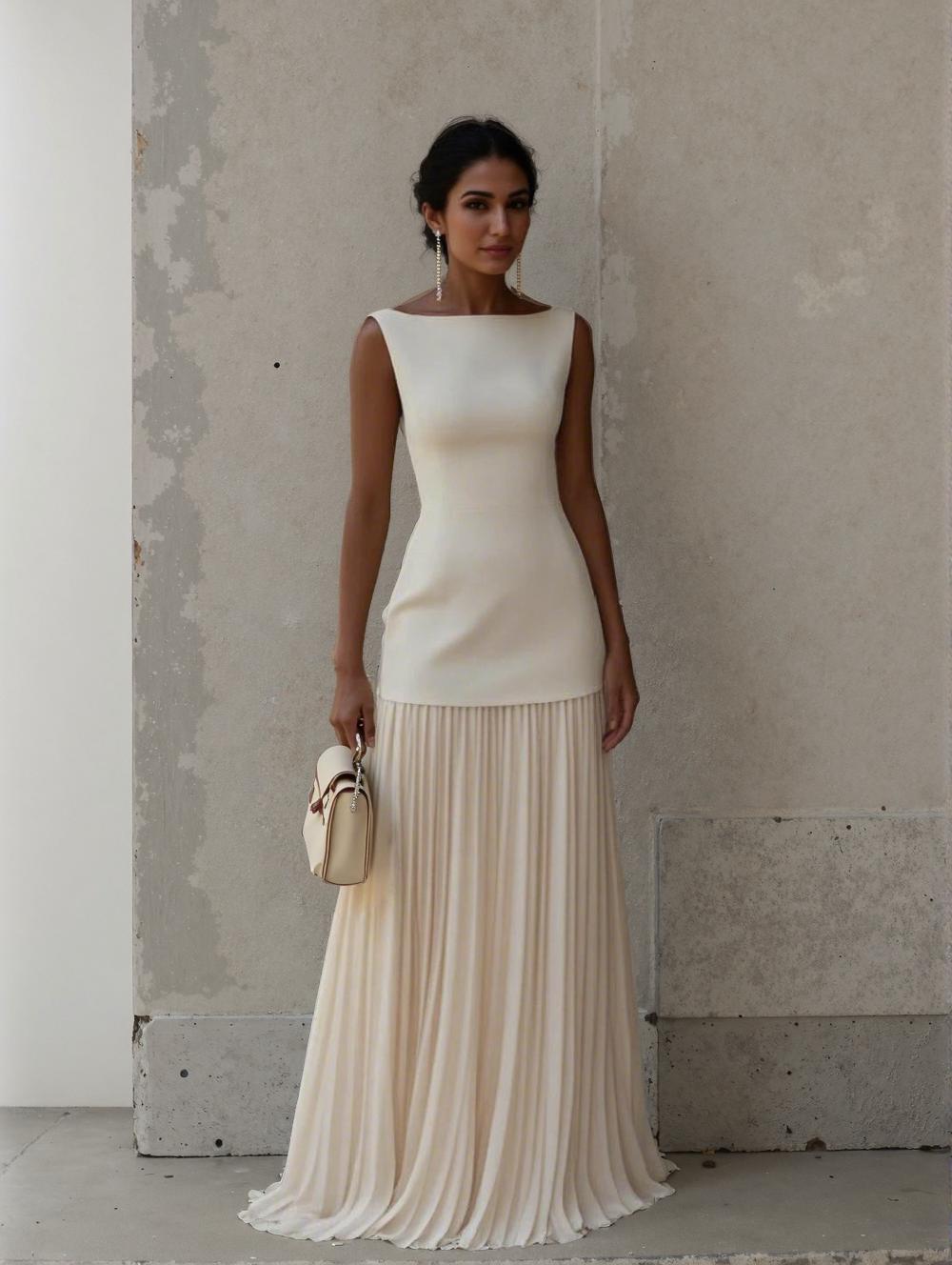 Elegant Pleated Classic Boat Neck Pleated Maxi Dress