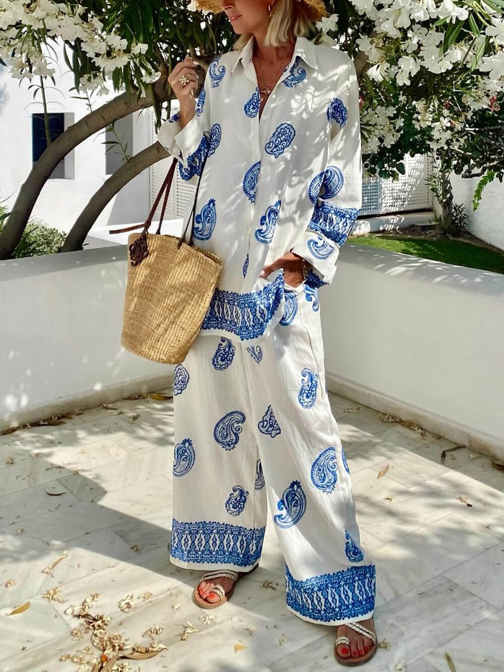 Unique Ethnic Pattern Print Loose Elastic Waist Pocket Wide-Leg Pants