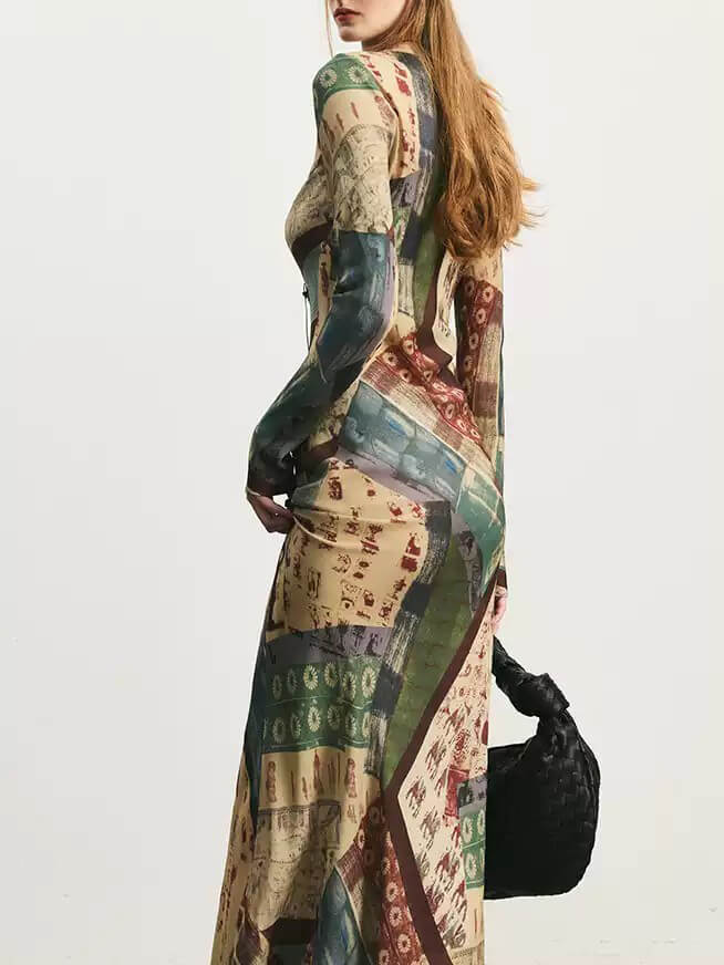 Vintage Oil Painting Floral Print V Neck Maxi Dress