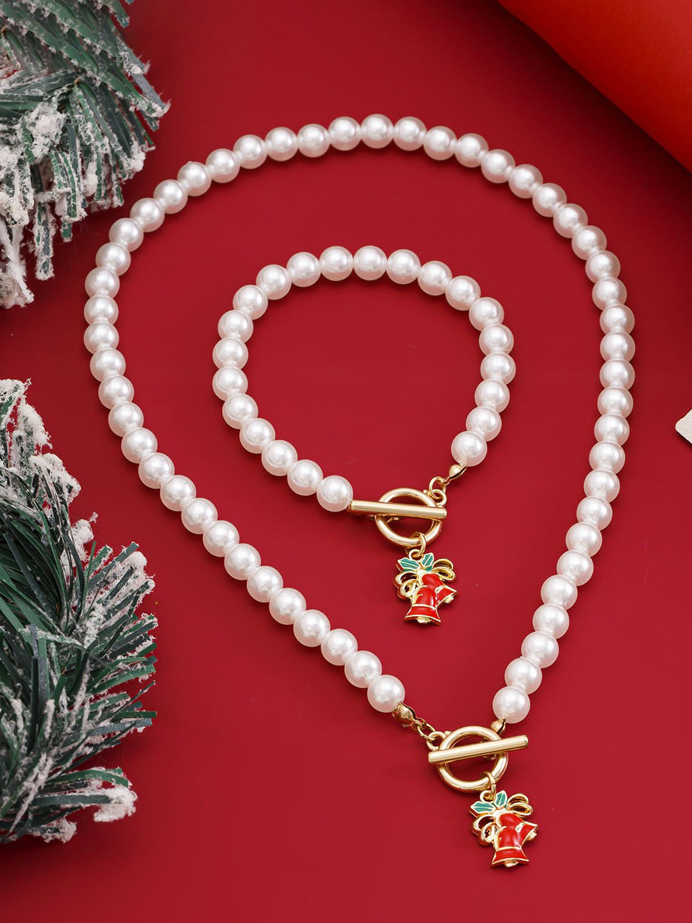 Christmas Bell Pearl Holiday Gift Necklace Set