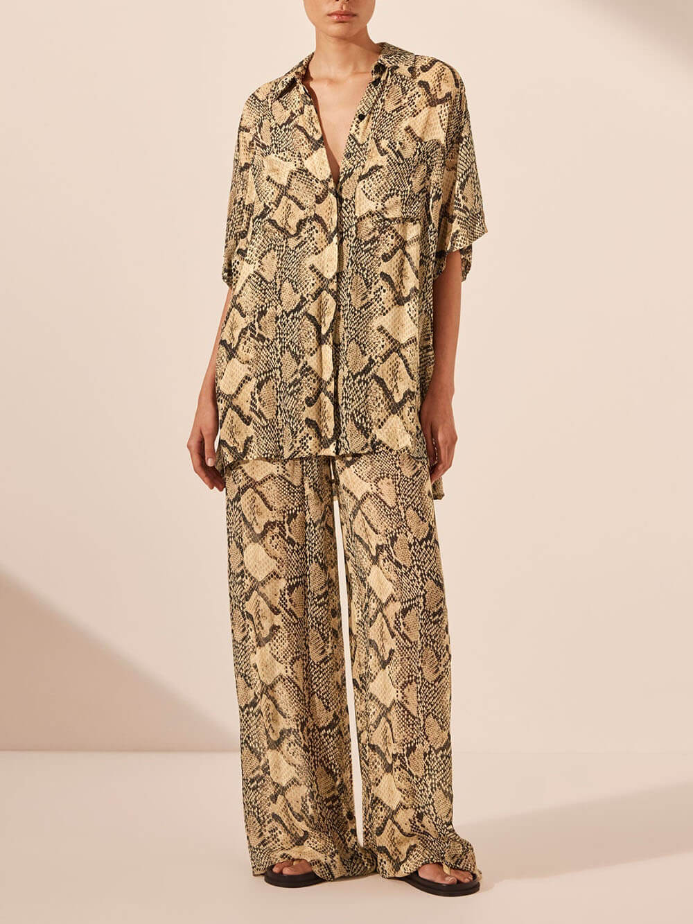 Modern Feel Satin Unique Snake Print Button Down Loose Shirt