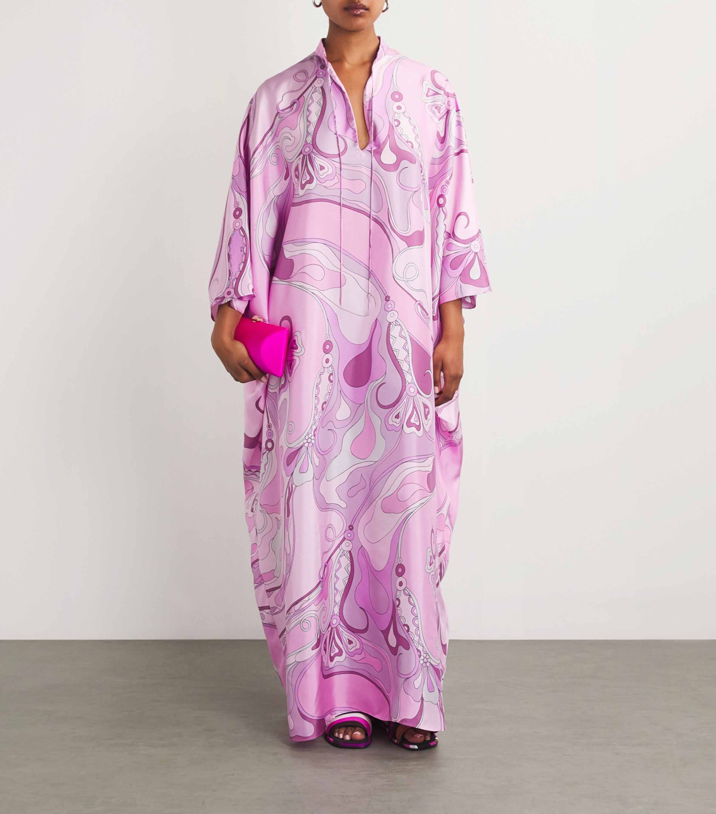 Retro Glam Pink Swirl Print Kaftan Maxi Dress