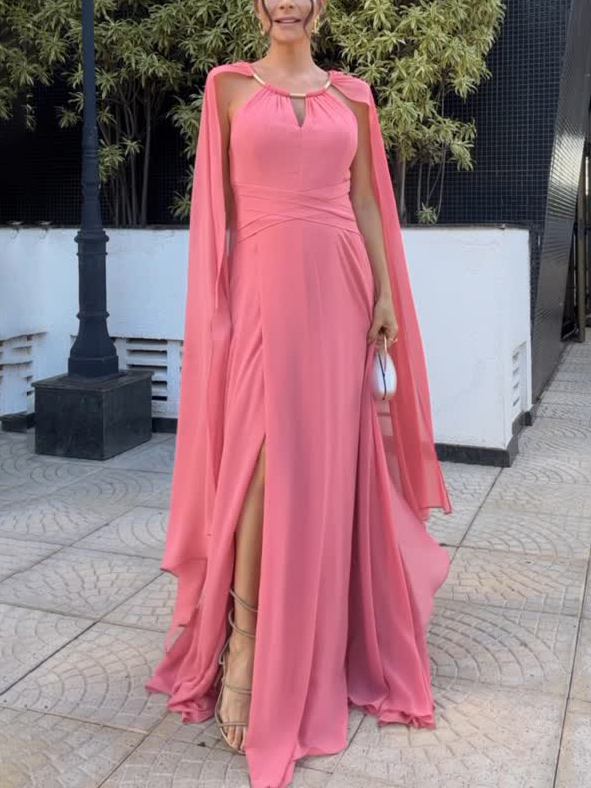 Elegant Cape Sleeve Slit Long Party Maxi Dress
